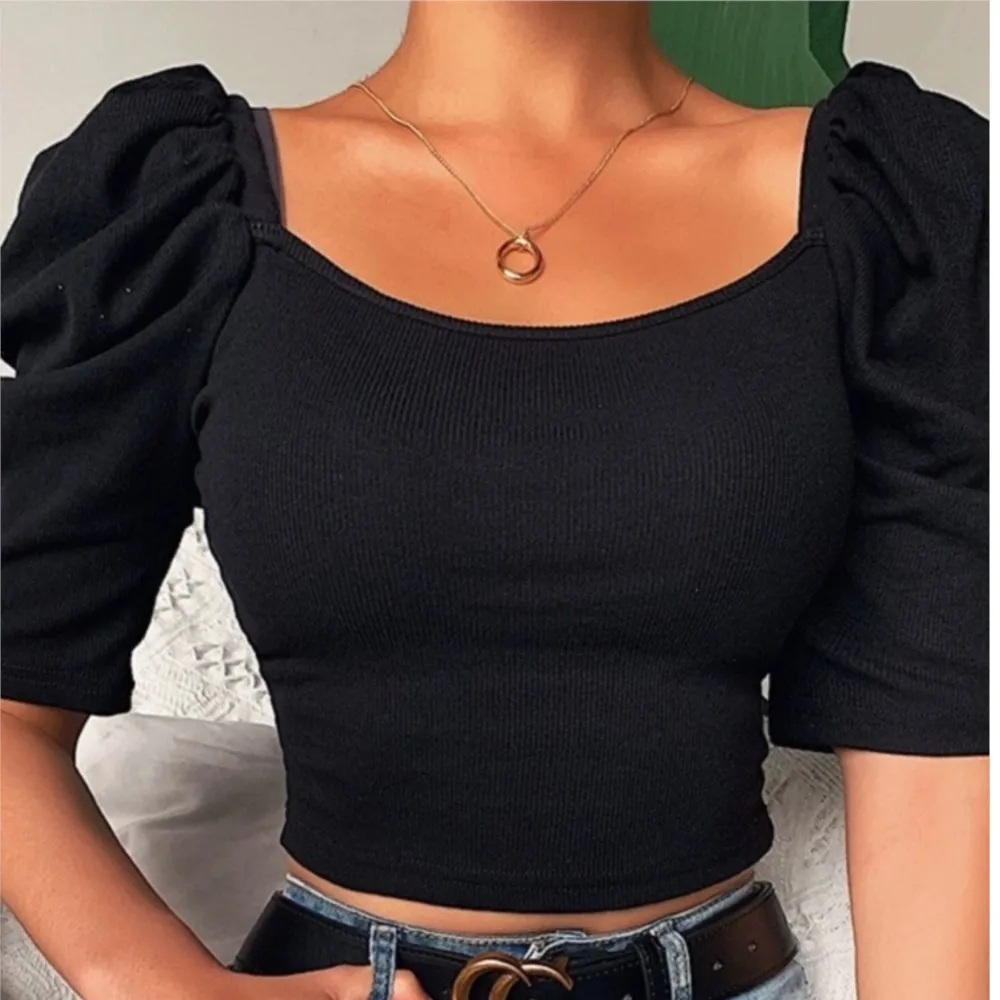 Women's Spring Summer New Collection Solid Color Fashion Simple Square Neck Bubble Sleeve Casual Short Sleeve Top