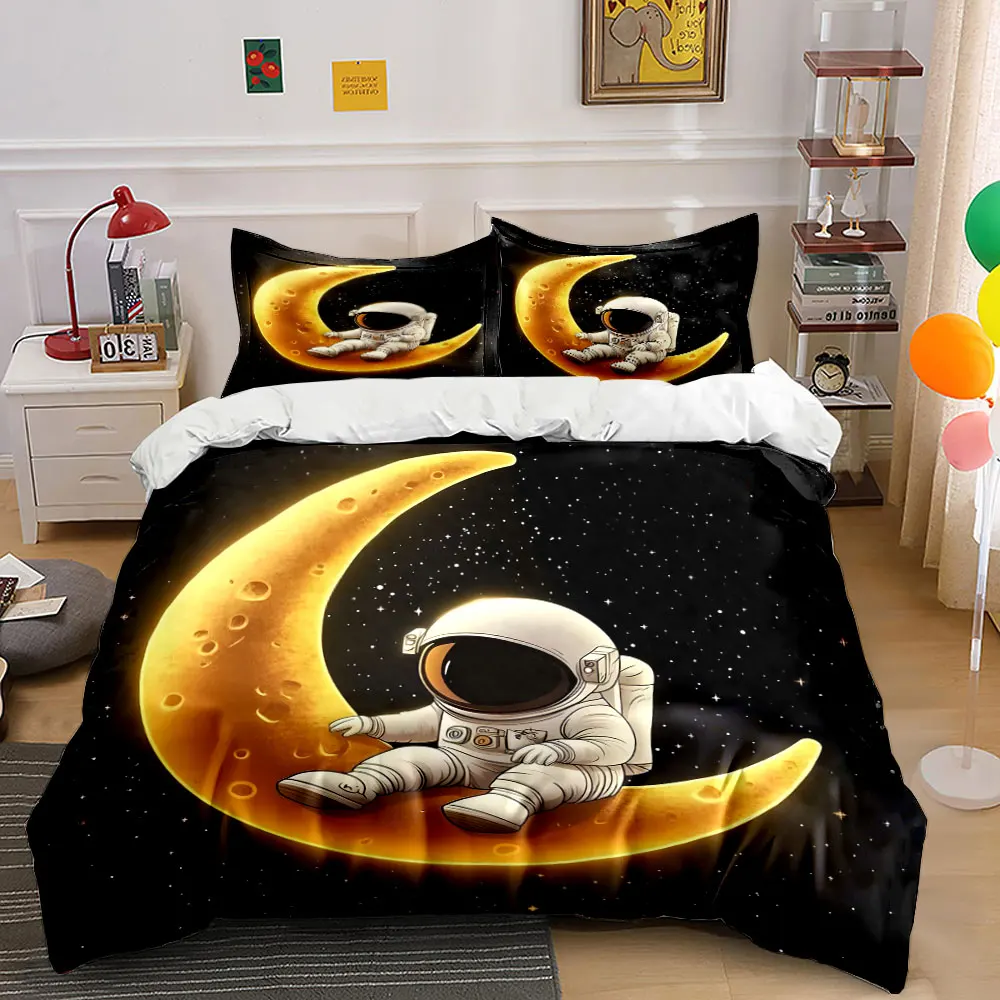 Astronaut Sitting on Golden Crescent Moon Printed Duvet Cover Set1 Duvet Cover+2 PillowcaseMulti Size Bedroom Bedding Decor