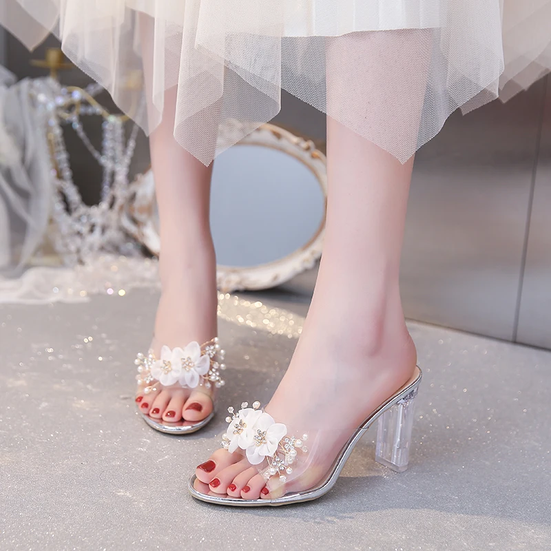 2024 Summer New Fashion Women\'s Outwear Slippers Round Toe Open Toe Flower Water Diamond Fairy Style Comfortable High Heels