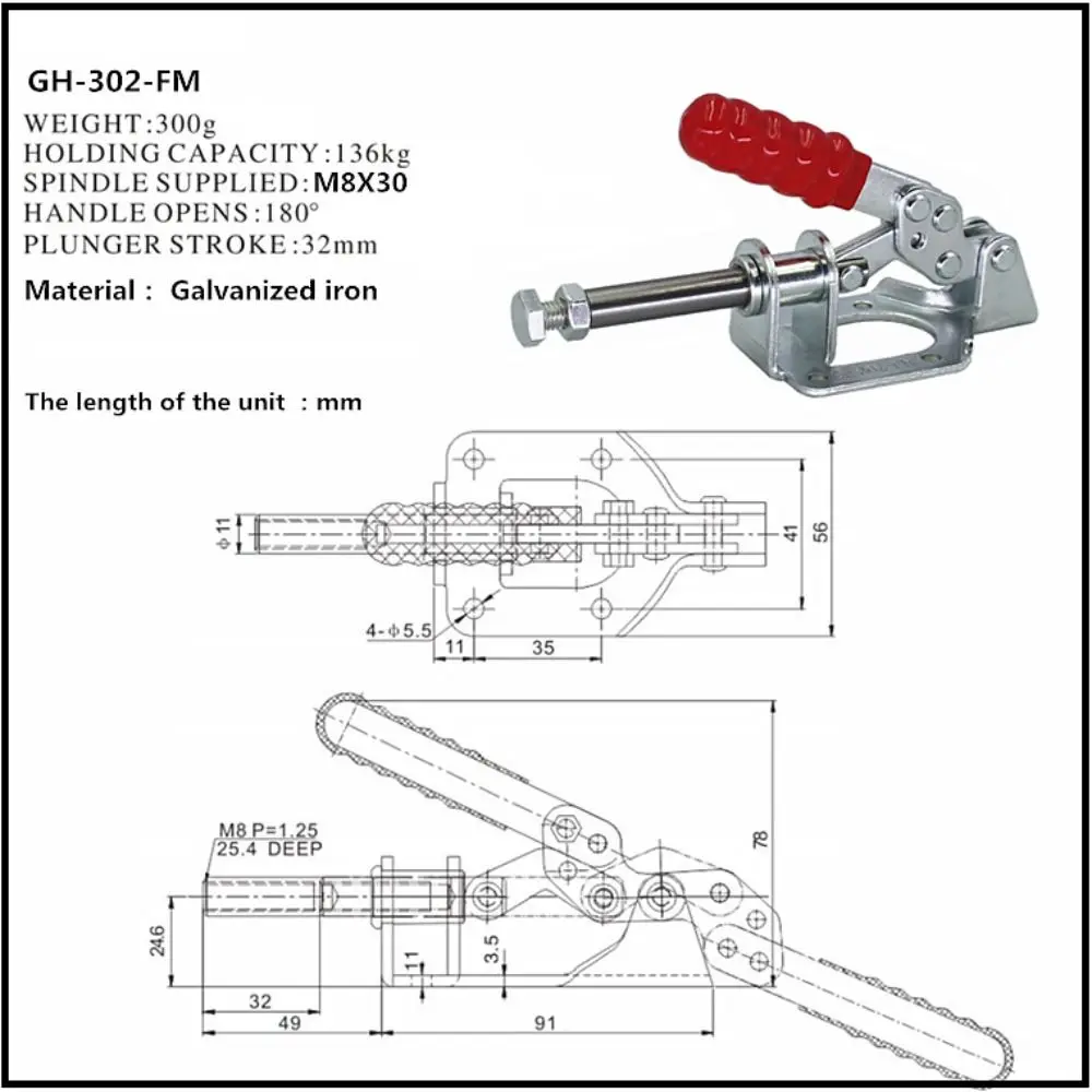 Galvanized Iron Push/Pull Toggle Clamp Vertical/Horizontal Type Sturdy Quick Release Clip GH-302-FM Woodworking Hand Tool