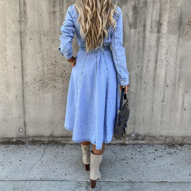 Casual Y2k Long Dress Women Denim Blue Summer Loose Dresses High Waist V-neck Elegant Loose Maxi Work Spring Summer Vestidos