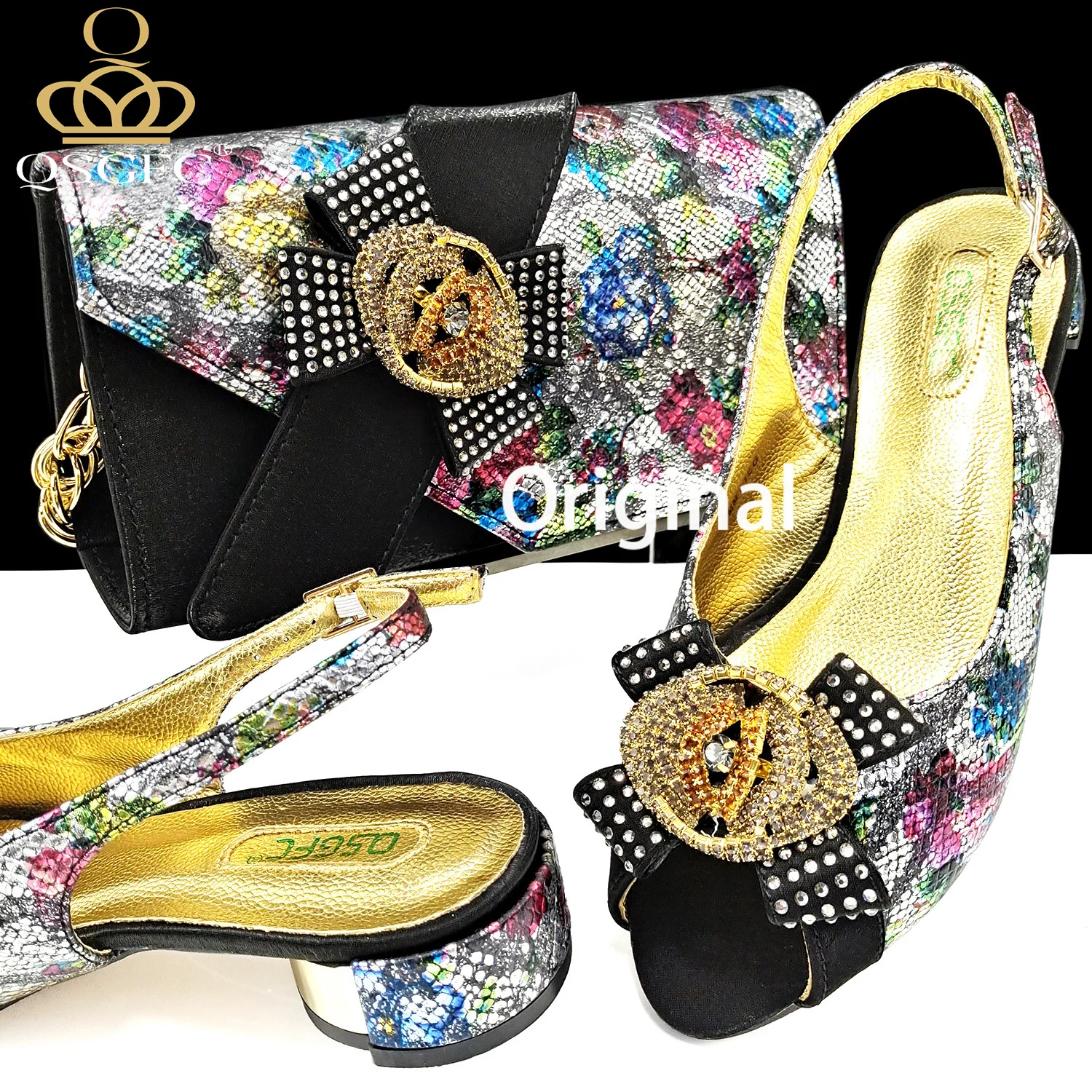 QSGFC Italian Design Shoes and Bags Matching Set 2024 Women Low Heel Party Black Color Nigeria Wedding bigger size shoes