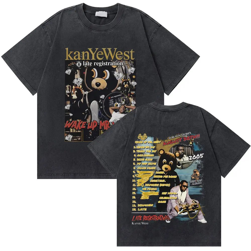 

Washed Vintage Rapper Kanye West Late Registration Wake Up Mr West Bear Graphic T-shirt Men Women Hip Hop Fashion Music T Shirts