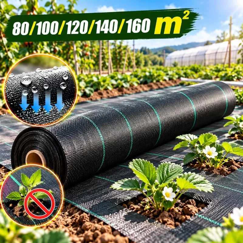 60 GSM PE Weed Barrier Fabric, 80/100/120/140/160sqm Black Landscape Cloth, Permeable Weed Control Mats for Gardens and Orchards