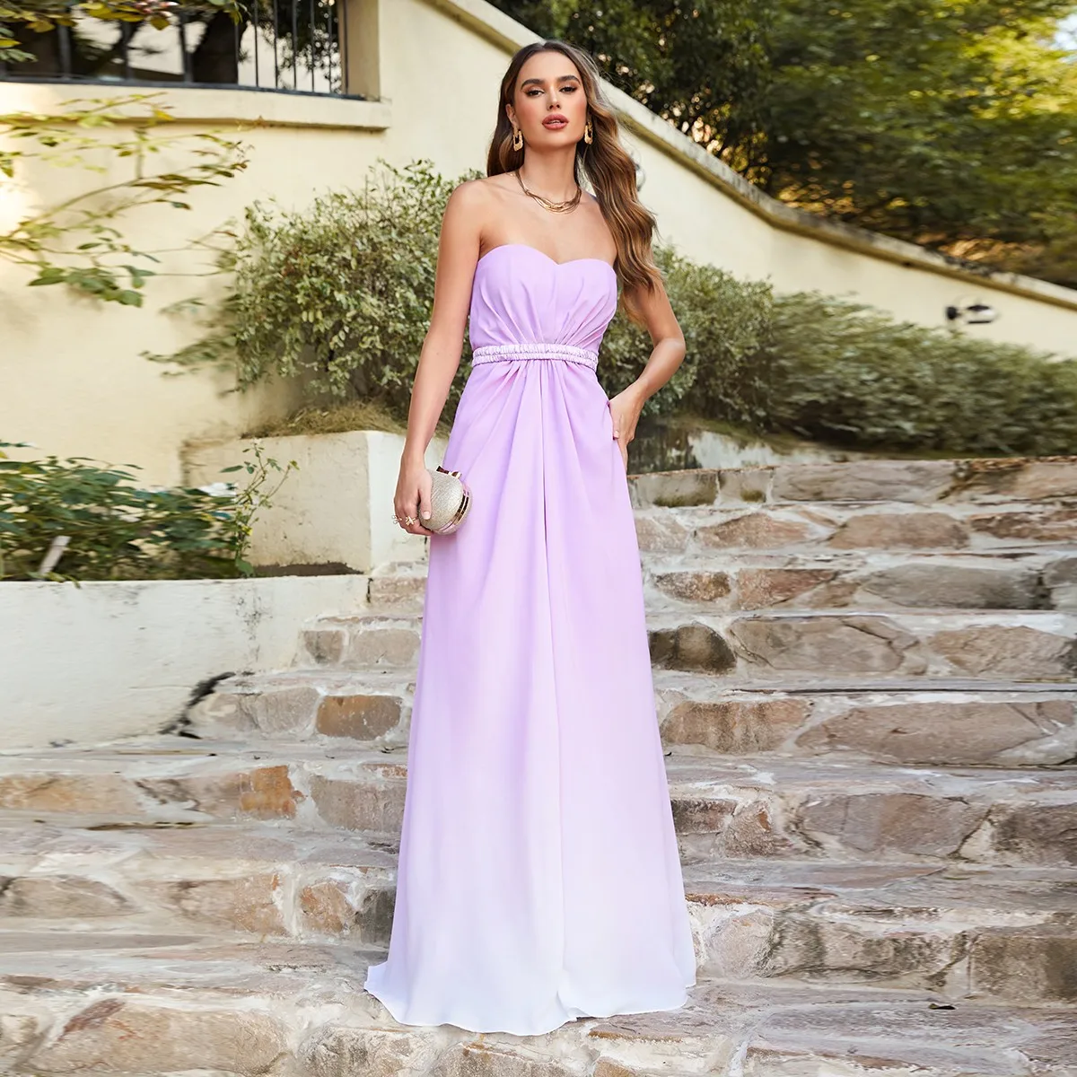 

Gradient Chiffon Long Bridesmaid Dresses Sexy Strapless With Pleat Sashes Women Evening Formal Party Prom Gowns Vestido De Gala