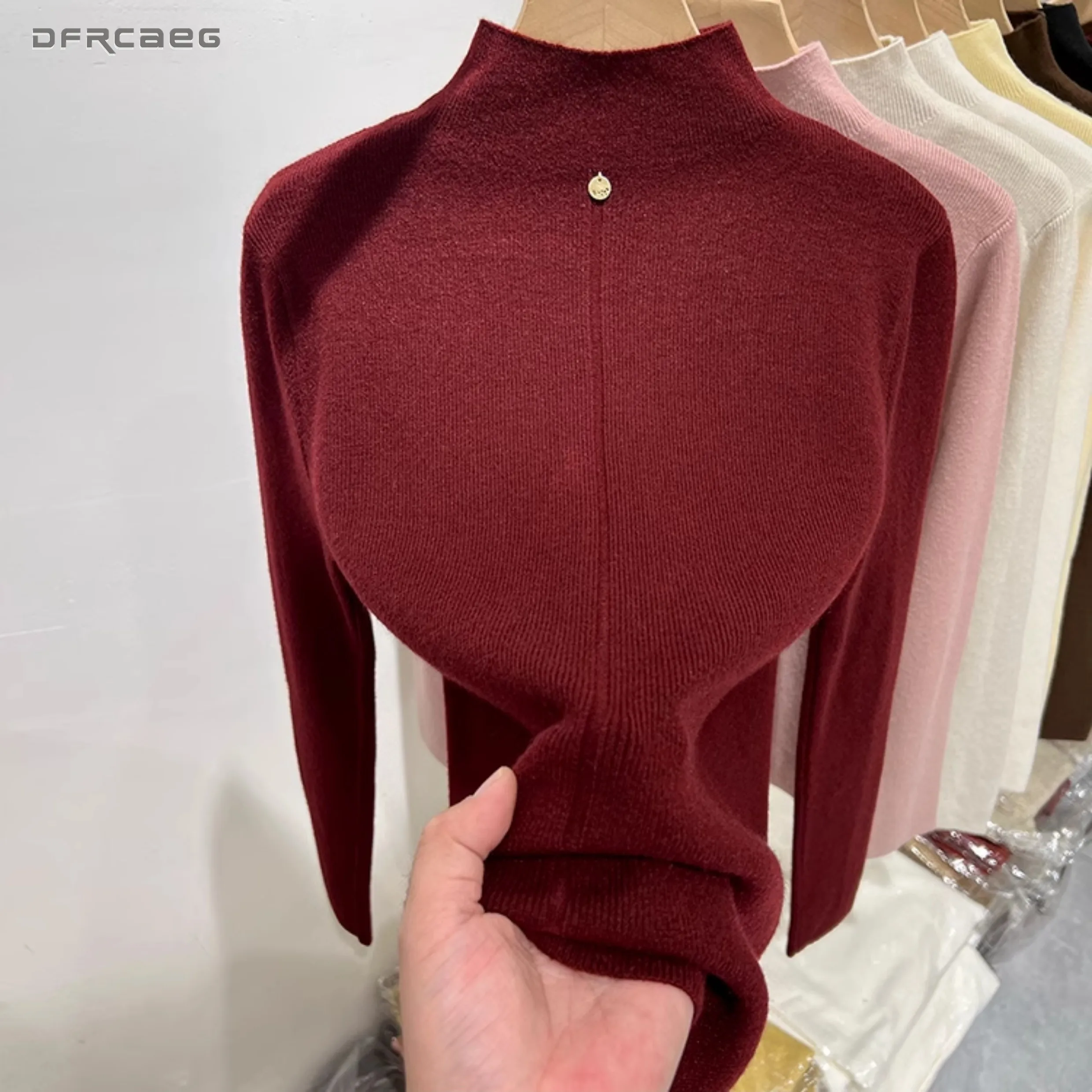 

Осенне-зимняя эластичная вязаная рубашка, топы для женщин, высокоэластичные повседневные облегающие свитера с длинными рукавами и воротником-стойкой