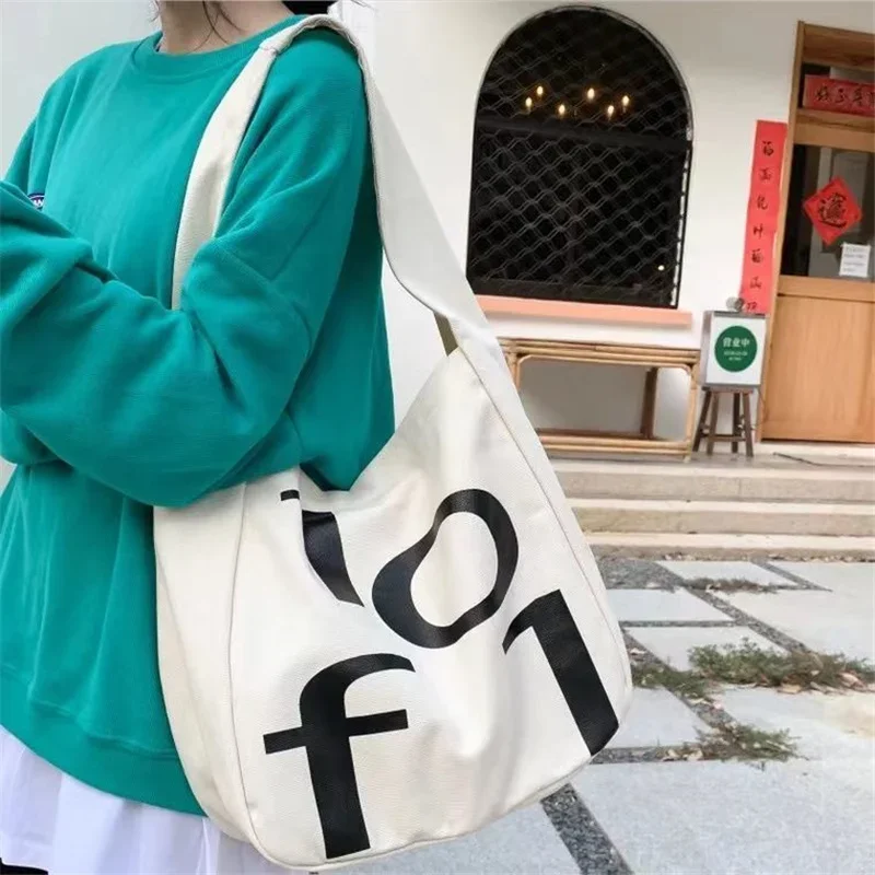 

Large Cotton Canvas Tote Bag Reusable Shopping Bags Letter Print Sundries Bags Foldable Women's Travel Shoulder Bags Handbags