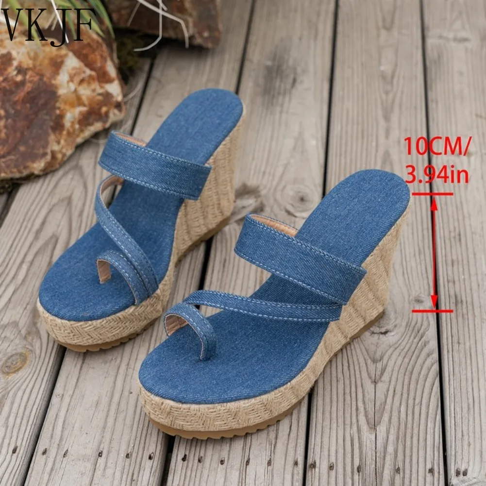 2026 New Denim Slip-On Wedge Heel Sandals Women Thick Bottom Grass Woven One-Strap Fashionable Outdoor Sandals Casual Round