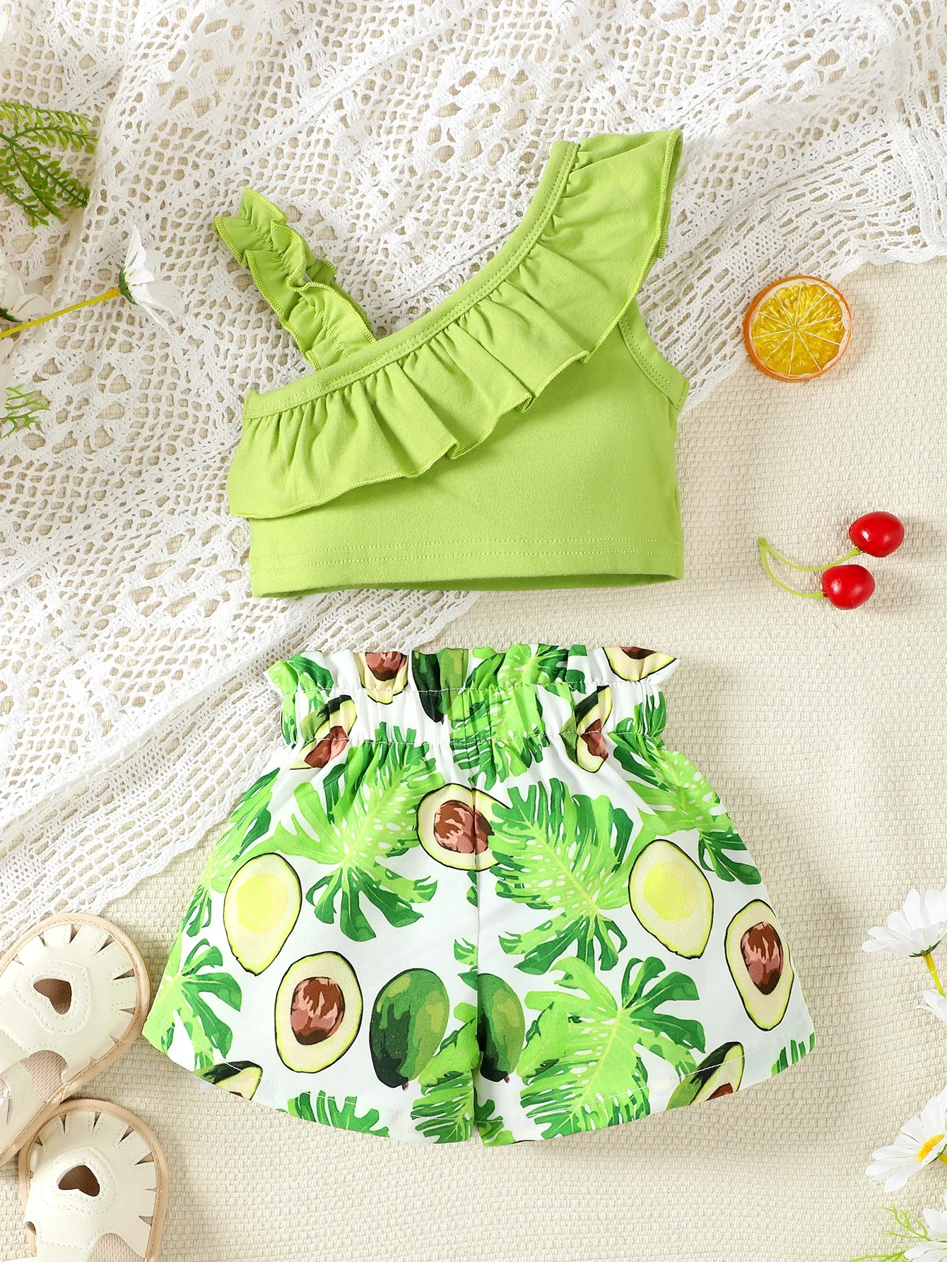 Baby Girl Clothes Set Sling Sleeveless Croptop Top Avocado Printed Shorts Outfit Clothing Suit for Kids Newborn Girl Clothes