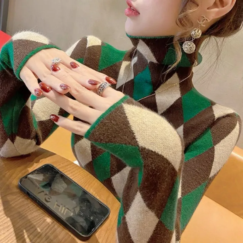 Vintage Turtleneck Geometric Bottoming Shirt Women Autumn Winter Fashion Loose Sweater Simplicity Office Lady Knitwear Tops