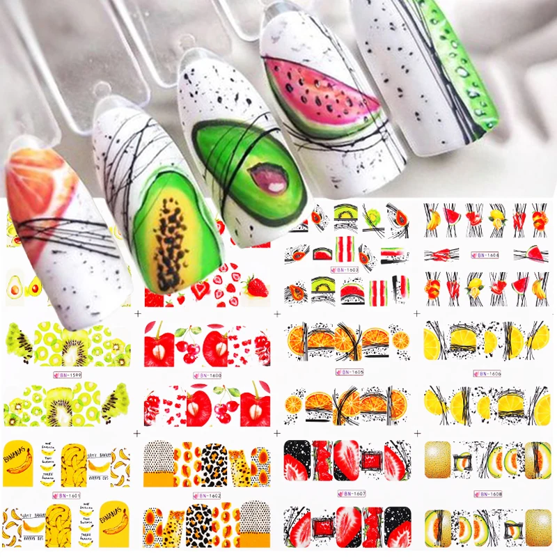 12 Pcs Of Summer Style Fruit Pattern Nail Water Decals Color Wave Line Nail Stickers Nail Art Decorations For Sliders Manicures