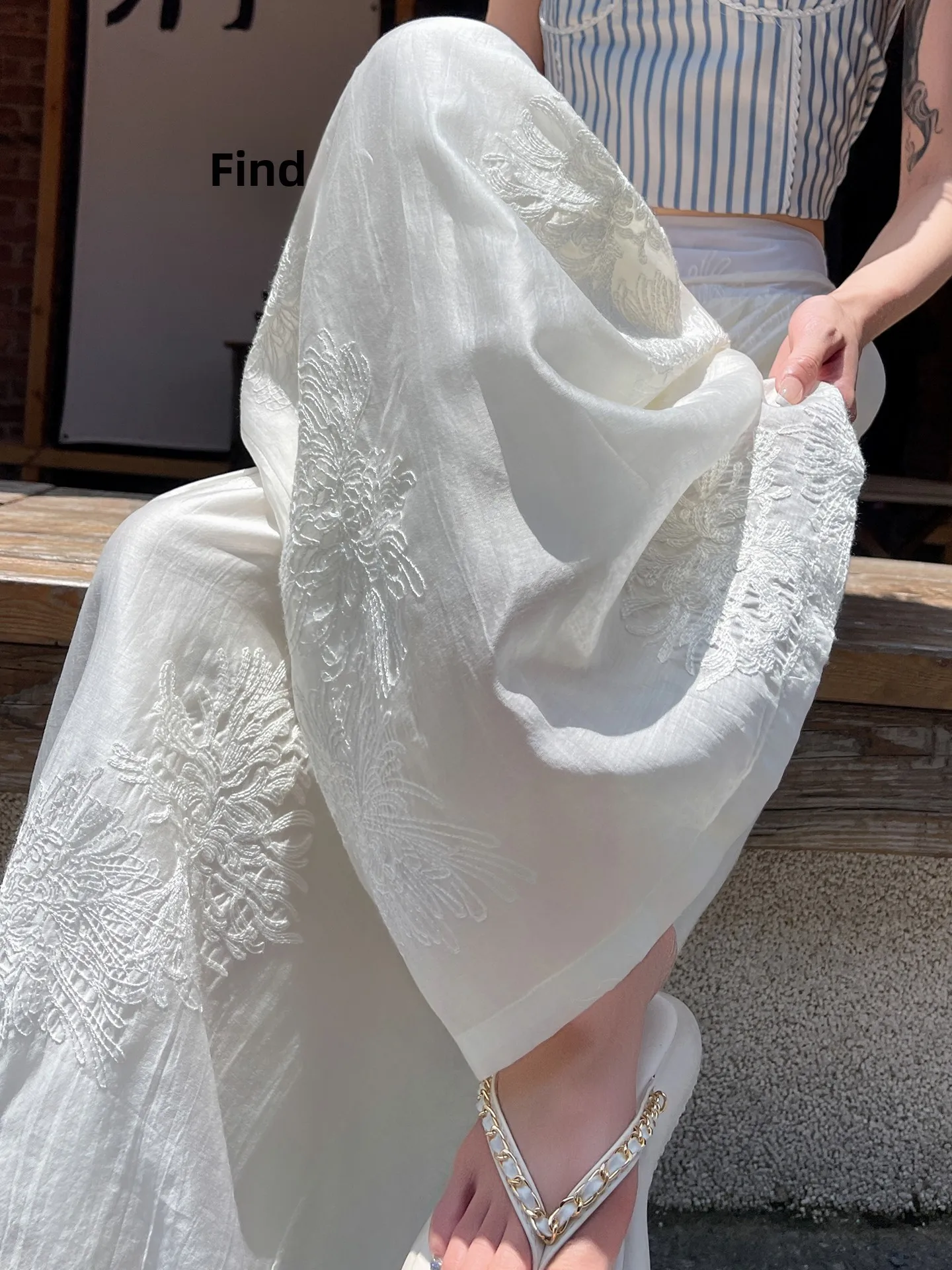 Sun Protection Ice Silk Wide Leg Pants Women's Summer Thin High Waist Loose Casual Straight Leg Pants Embroidery Belt Tie