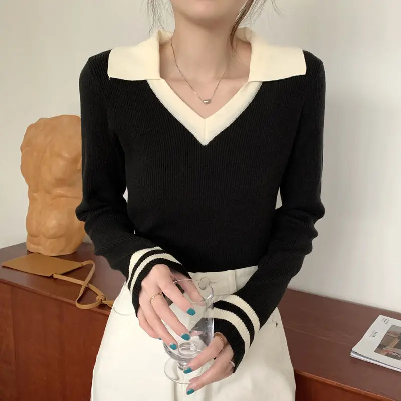 Women Clothing All-match Slim Long Sleeve Knit Pullovers Autumn Elegant Fashion V-neck Patchwork Sweaters Office Lady Sweet Tops