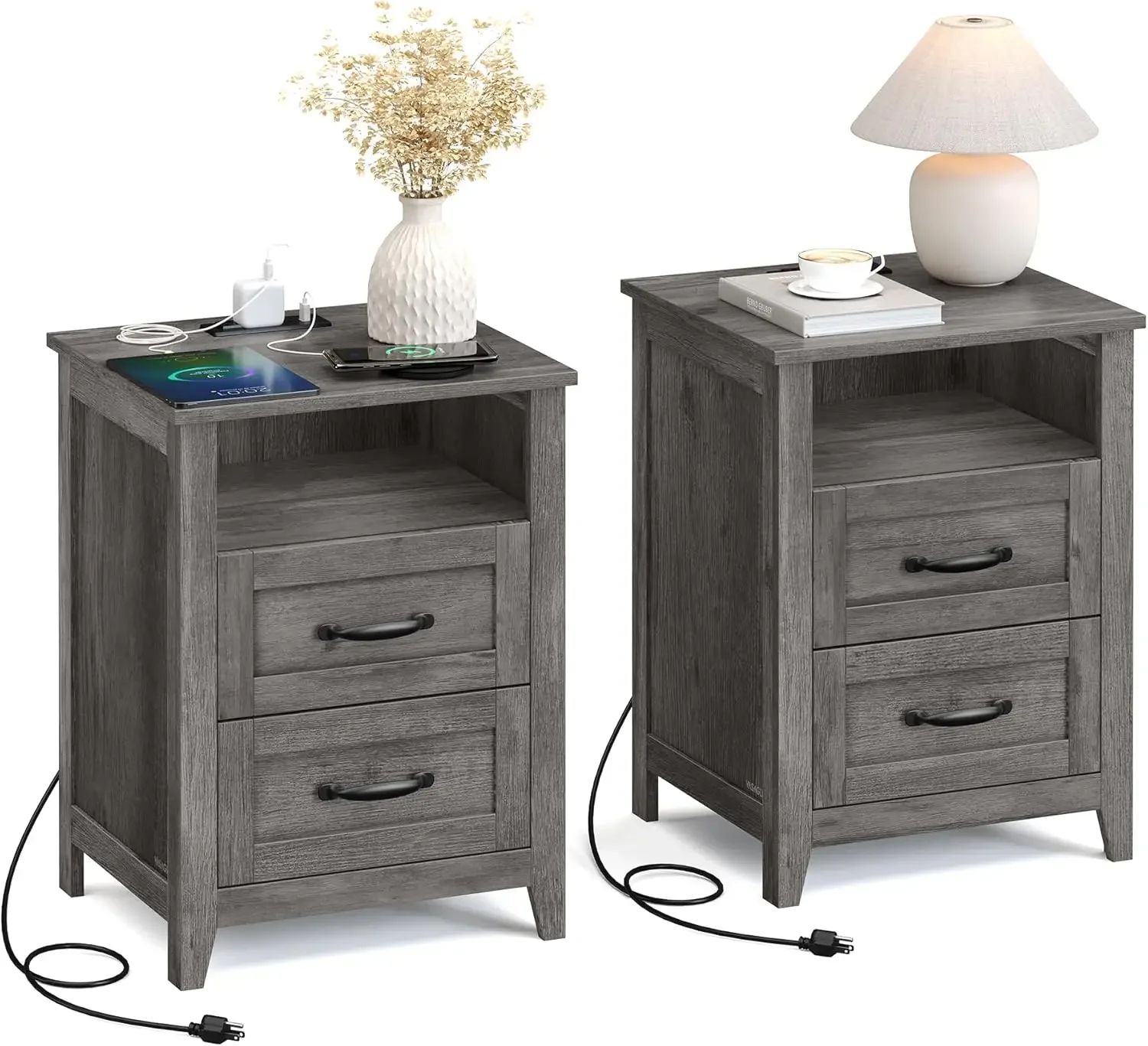 LIRY Collection - Farmhouse Nightstands with Charging Station, Set of 2 Bedside Tables, Side Tables with 2 Drawers, Open Compart