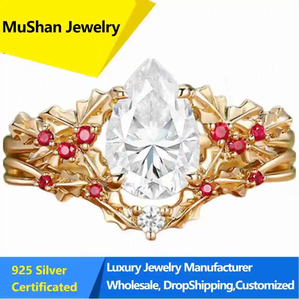 MuShan Jewelry Hot Selling 1. 5 Carat Mozanite Ring S925 Sterling Silver Plated 18k Gold Cultured Ruby Stacked Ring