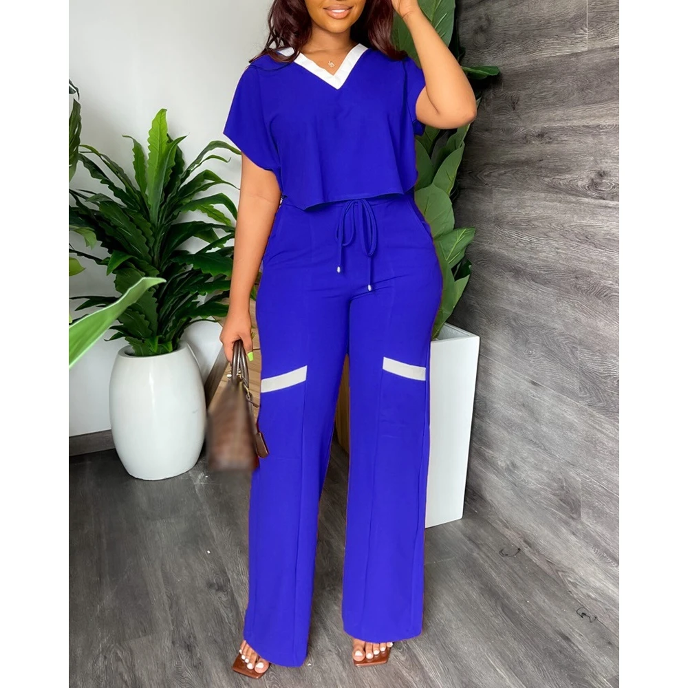 Summer Women Contrast Paneled V-Neck Short Sleeve T-shirt Top & High Waist Pants Set Causal Streetwear New In Suit 2024