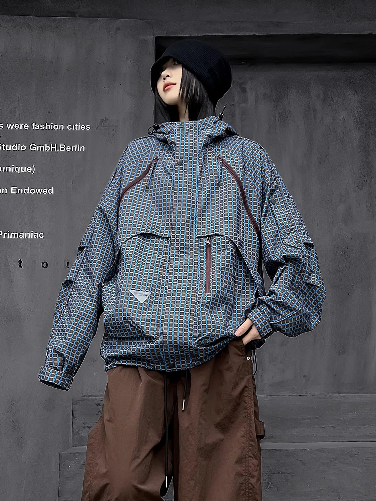

Крутая клетчатая рабочая одежда Jaet, женское осеннее новое пальто с капюшоном, уличное пальто из полиэфирного волокна, прямое женское пальто