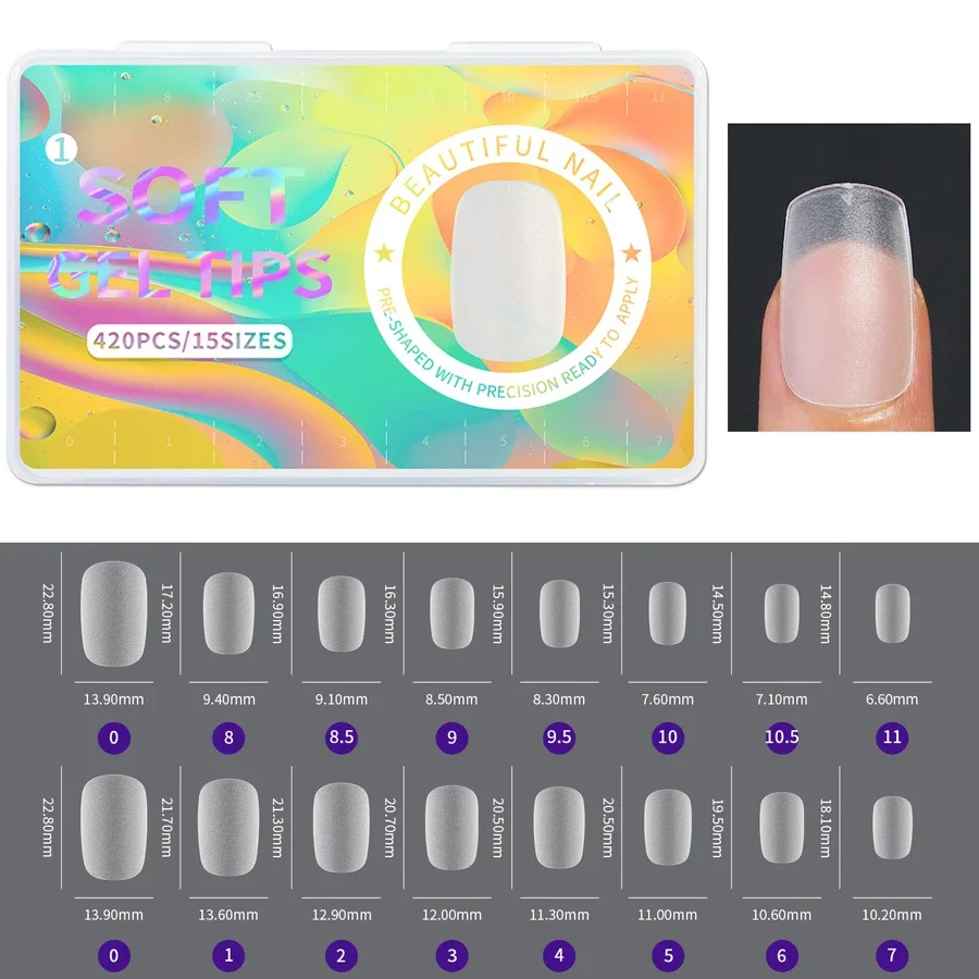 420Pcs Soft Matte Almond Nail Tips Full Transparent Short T-Shape round Oval Capsule Tips for Nail Art Decoration Soak off Gel