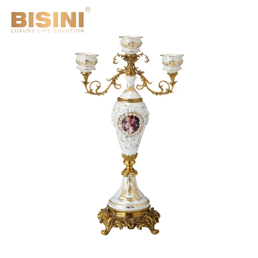 

Luxury French Style Baroque Handcrafted Copper Porcelain Candlestick Decorative White candelabra Handpainted candelabrum