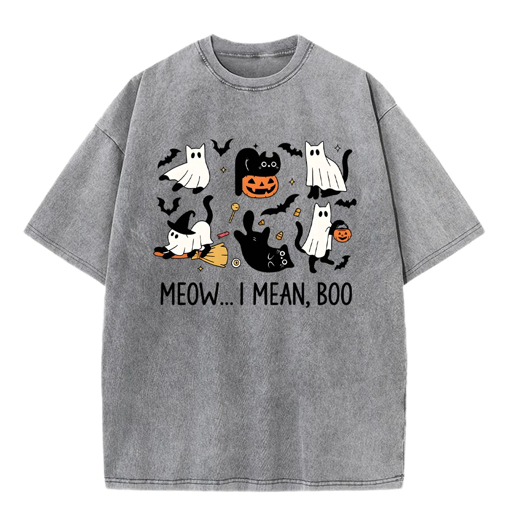 

Meow Ghost Cat Halloween Print Men Washed T-Shirt Summer Cotton T Shirt Casual Fashions Clothing Loose Clothes Soft 0-Neck Tops