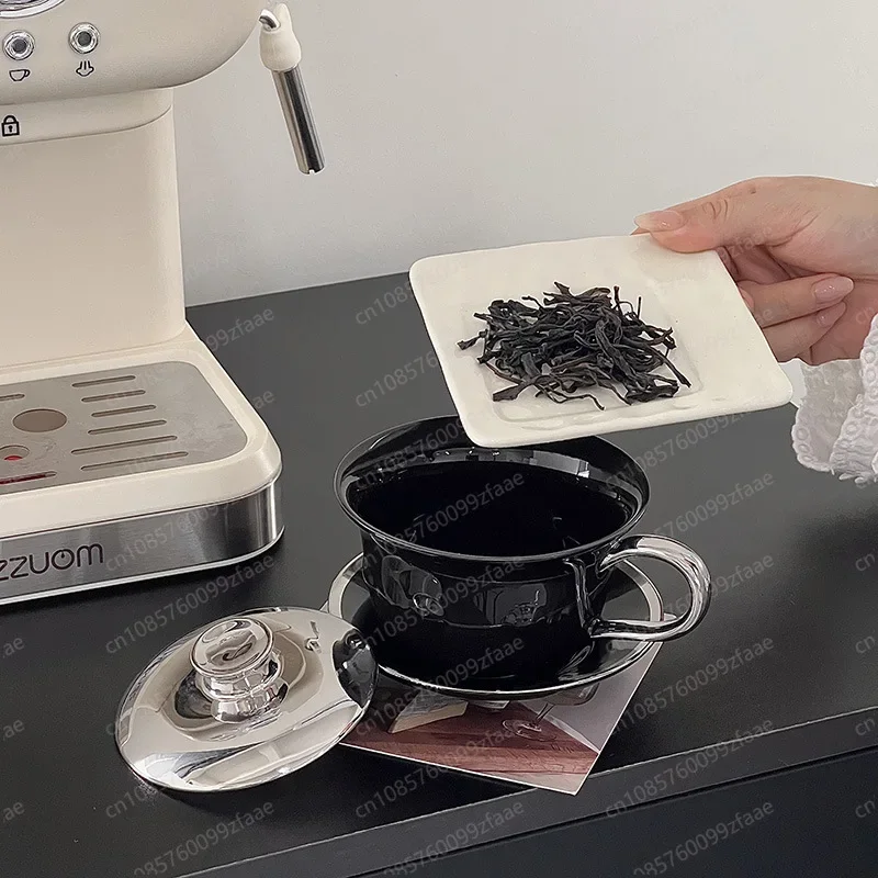 طقم أكواب وصحن بغطاء للمقهى، كوب قهوة عالي القيمة مطلي بالكهرباء، كوب سيراميك بتصميم مطعم الفندق