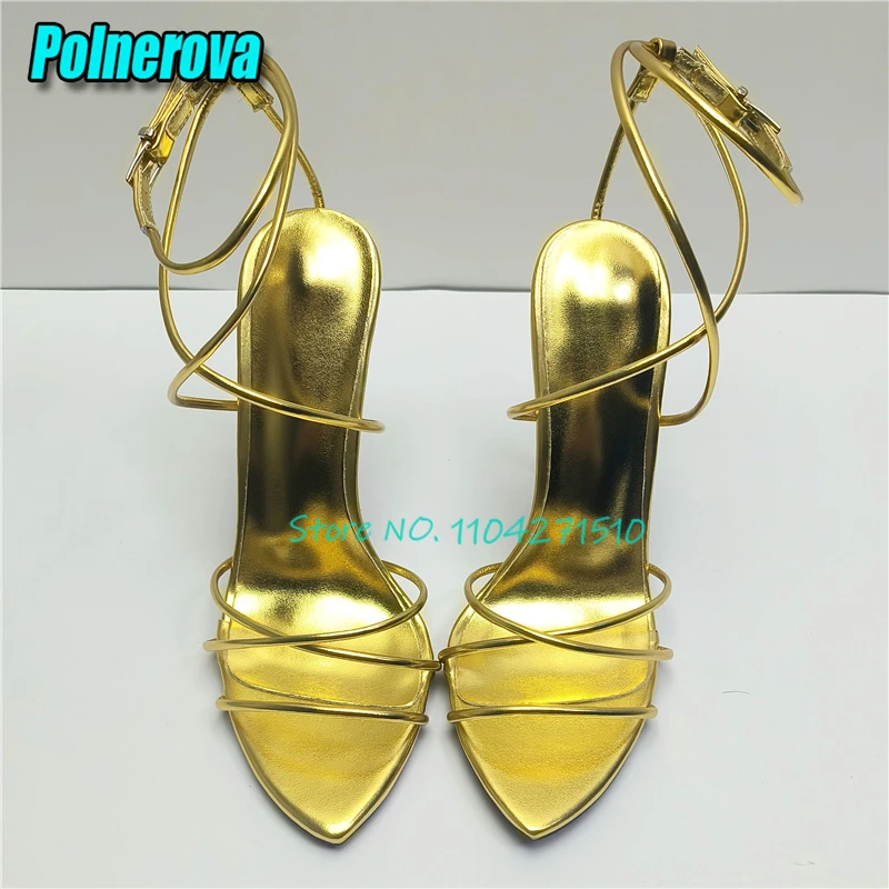 Women's Sexy Pointed Toe Stiletto Sandals Gold Cross Strap Ankle Buckle 10/12/14/16CM Thin High Heels Summer Party Wedding Shoes