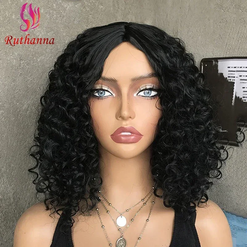 Short Bob Style Deep Wave Wig For Women Synthetic Hair Full Machine Made Wig Black Color 180% Density Full End