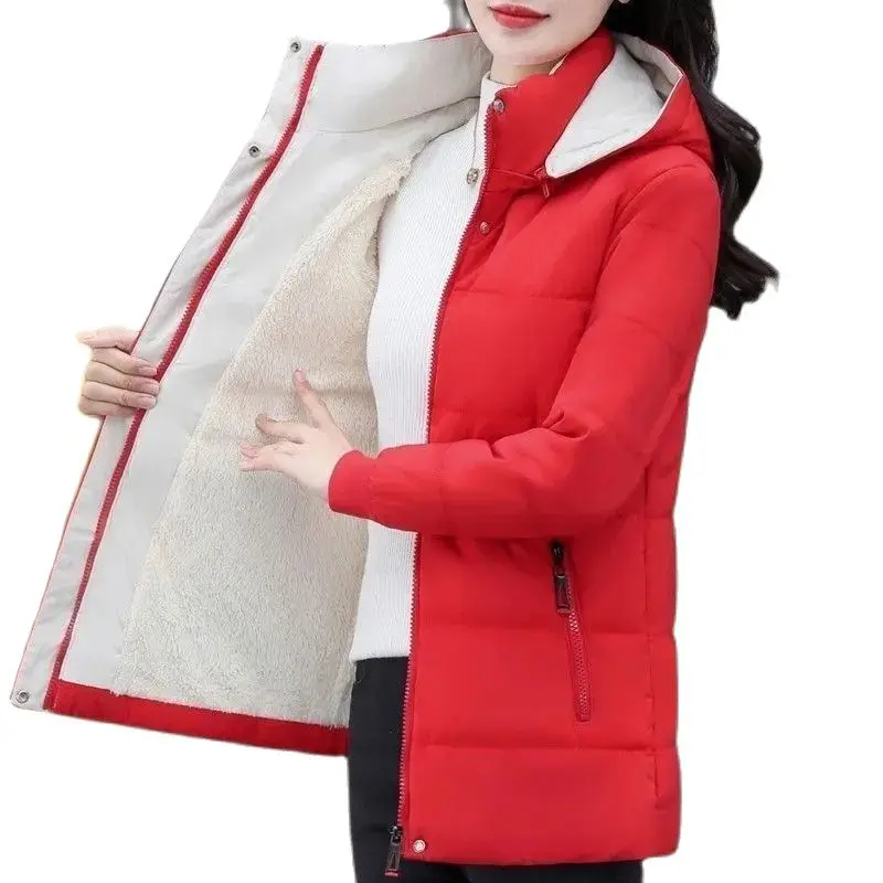 Destacável com capuz parka jaqueta à prova de vento jaqueta de inverno feminina de pelúcia e engrossado high-end casaco de algodão curto feminino retalhos