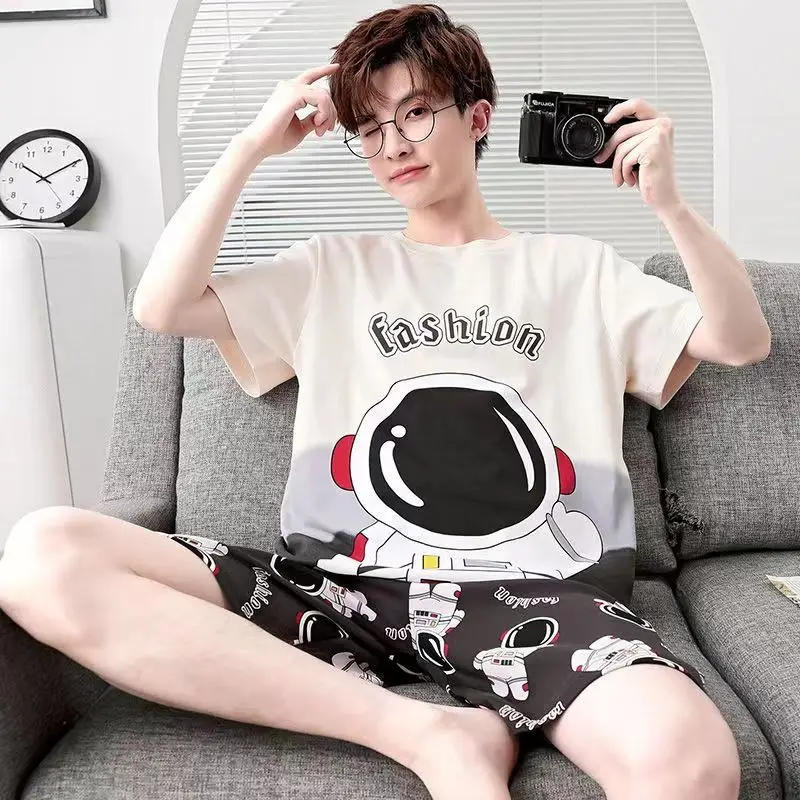 Fashion Young Man Pajamas Set Japan Style Cartoon Print Cool Pijama Summer Roomwear Home Clothes for Students Round Neck Nighty