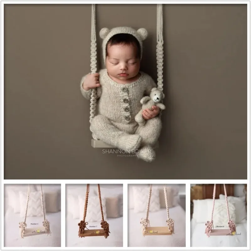 子供用写真撮影小道具-手編み綿ロープ木製スイング-写真撮影用ベビー玩具-写真撮影小道具-新生児用小道具-スイング