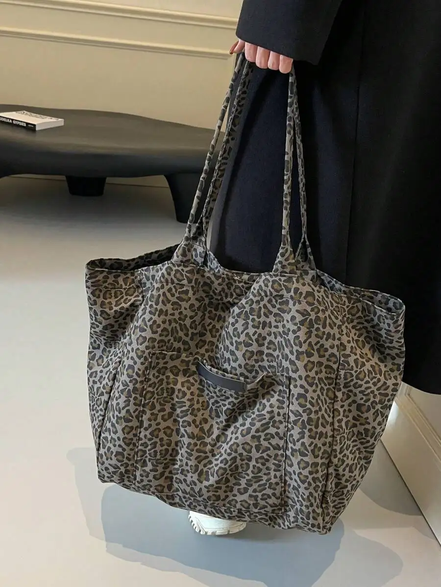 

Leopard Print Canvas Tote Bag Large Capacity Lightweight Foldable Shoulder Bag For Women