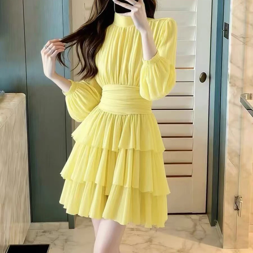 

Yellow dress women's spring and summer dopamine French high-end great good-looking generous decent waist skirt