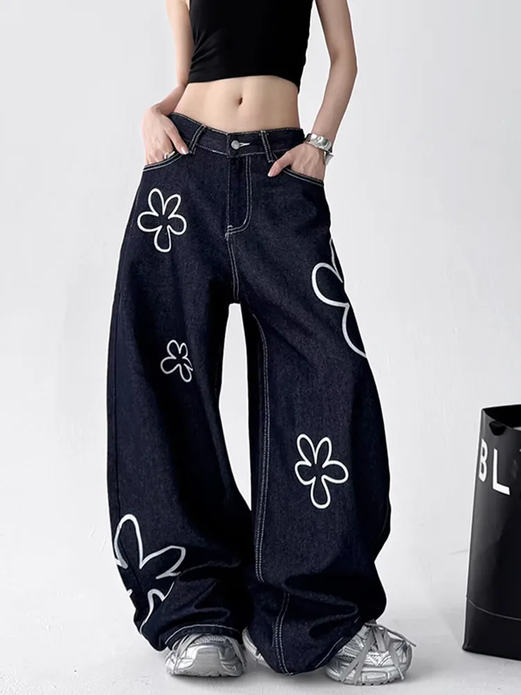 Retro American Floral Print Wide Leg Jeans Men's Women's Slimming Drapey Loose Couple Match Long Trousers Trendy