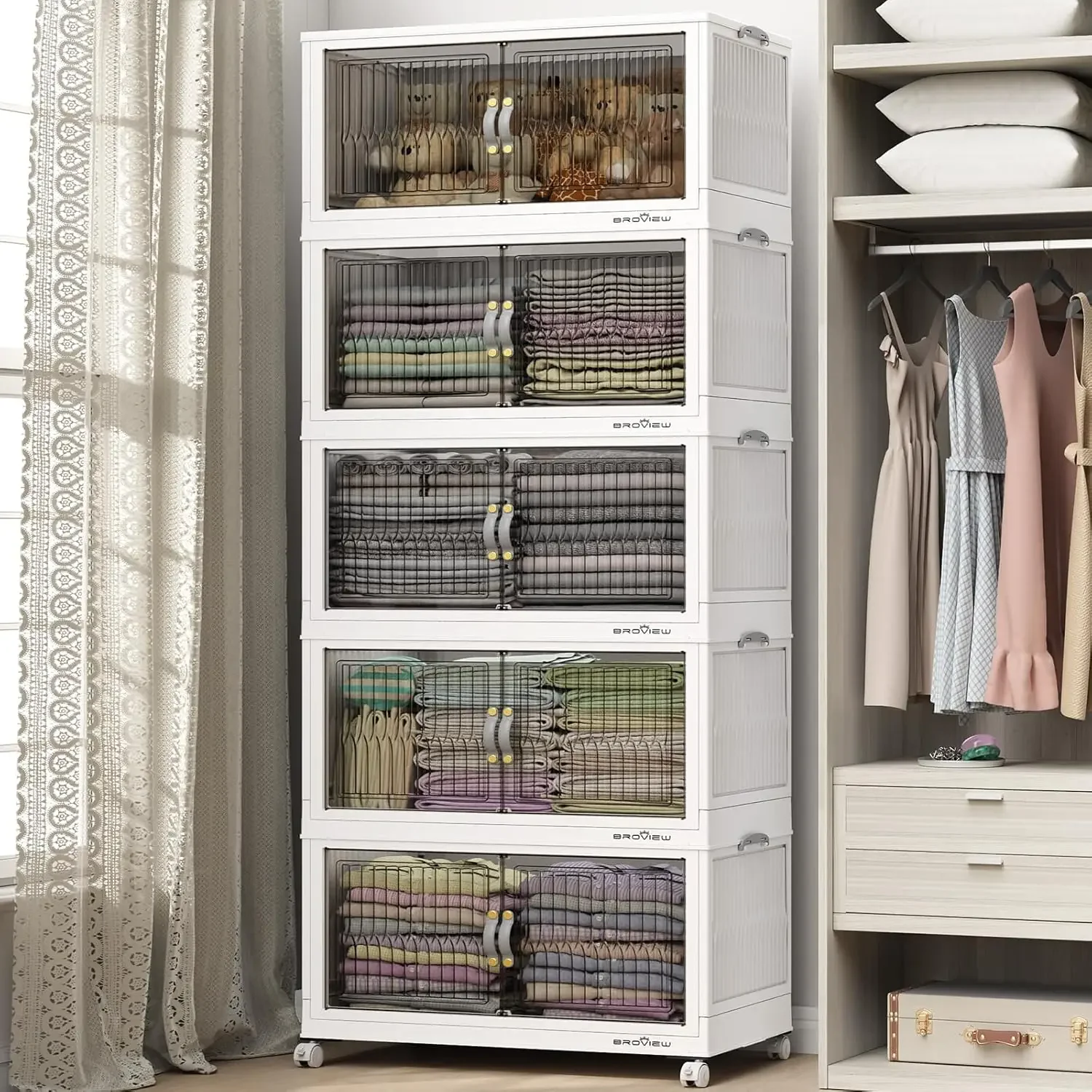 Plastic Storage Bins with Lid, Closet Organizer and Storage, Stackable Storage Drawer with Wheel, Home Office Dorm Room, White