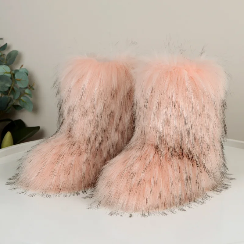Women Snowy Shoes With Flat Heels High Top Insulation Winter Thick Warm Mid Tube Imitation Fox Fur Rubber Sole Snow Boots
