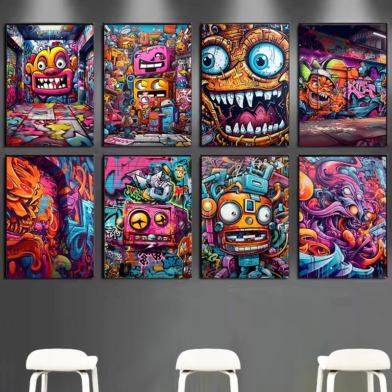 Graffiti Pop Art carteles e impresiones de pared dibujos animados abstractos Robot arte lienzo pintura calle Graffiti Mural para decoración del hogar Cuadros