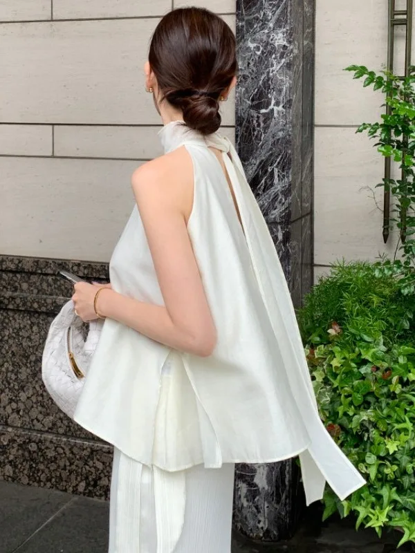 

Elegant Tie-Detail Loose Sleeveless Women's Shirt Chic Summer New Arrival Breathable Comfortable French Style Top