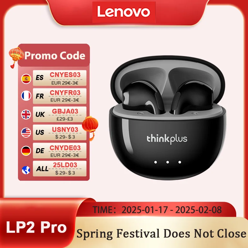 New Choice Lenovo LP2 Pro TWS Bluetooth Earphones V5.4 Long Standby Time Headphone Cinema-quality Sound Dustproof Headset