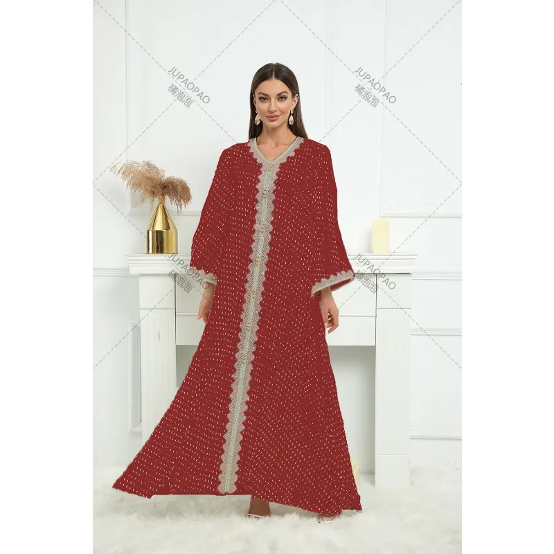 Imagem -04 - Vestido Maxi Jacquard Listrado Cetim Feminino Elegante Decote v Guarnição de Fita Dourada Dubai Árabe Muçulmano Abaya Kaftan Marroquino Eid 2023