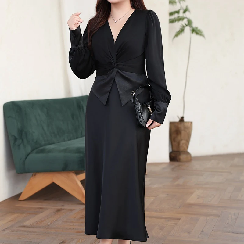 Women Elegant V-Neck Fold Satin Shirt and French A-Line Long Skirt, 2-Piece Set, Commuter, Plus Size, Good Quality, Autumn, 2024