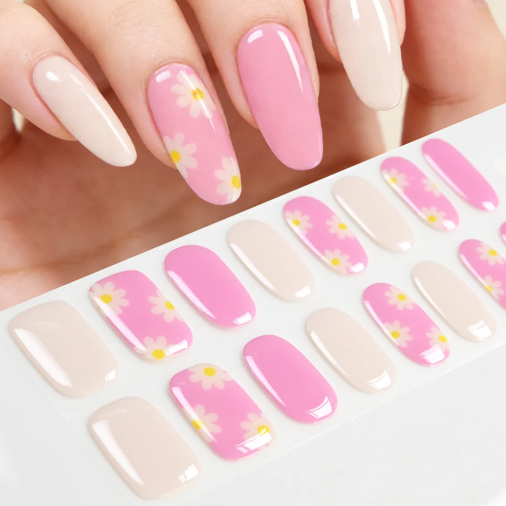 16-teilige Semi-Cured Gel-Nagelstreifen in Rosa & Nude mit Gänseblümchen-Design, UV-Lampe erforderlich, Langlebige Nagelkunst-Aufkleber für Frauen & Mädchen