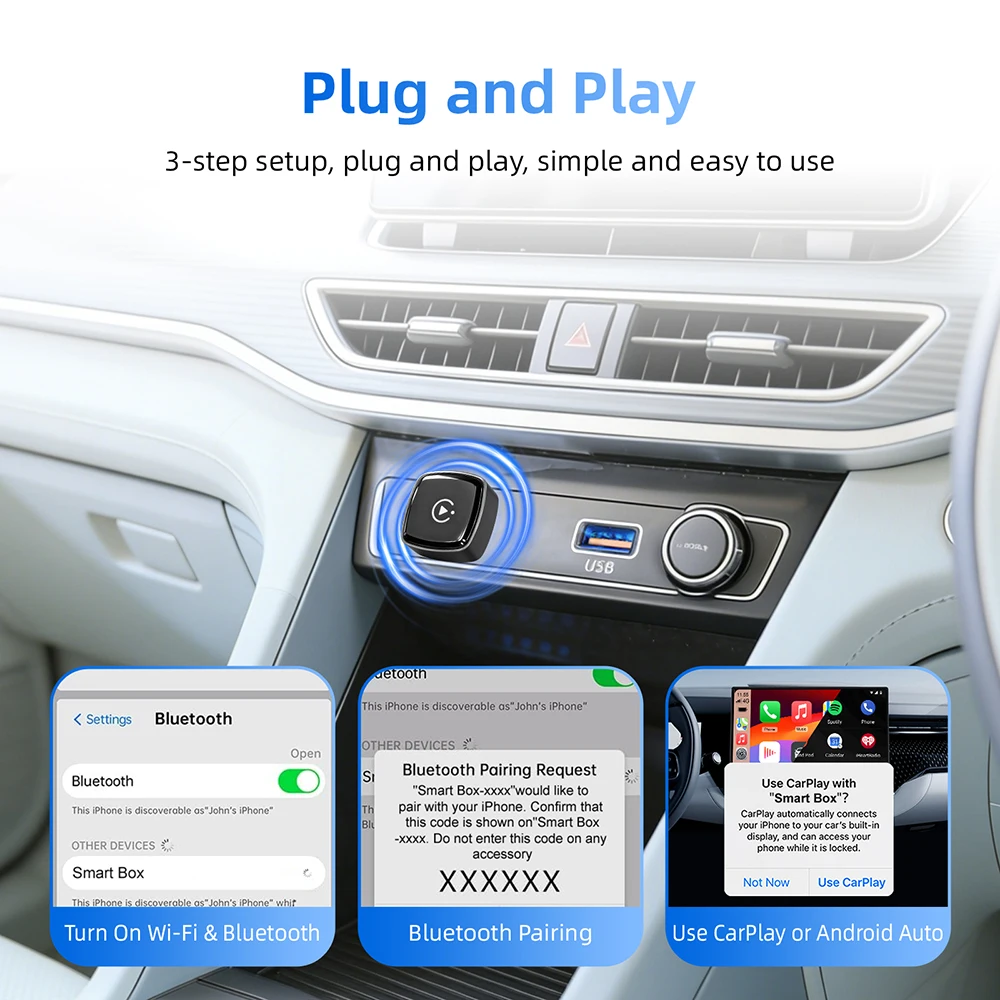Mini Wireless CarPlay Adapter TYPE C Wireless Android Auto AI Smart Box Intelligent Systems for Wired CarPlay Car