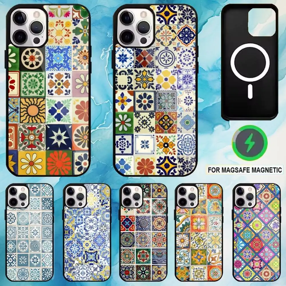 

Mediterranean Tile Mosaic Phone Case For iPhone17,16,15,14,13,12,11 Plus,Pro Max Magnetic For Magsafe Wireless Charging