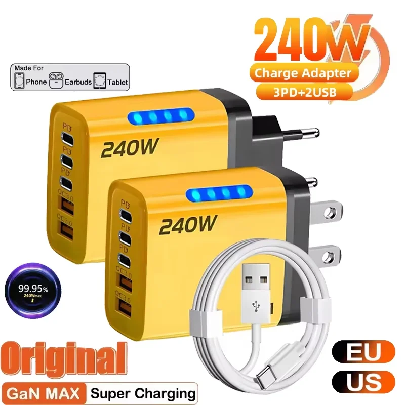 5 in 1 GaN Desktop Charger 240W Fast Charging Adapter 10A USB To TypeC Cable 3PD 2 USB Charger For IPhone 16 15pro Laptop
