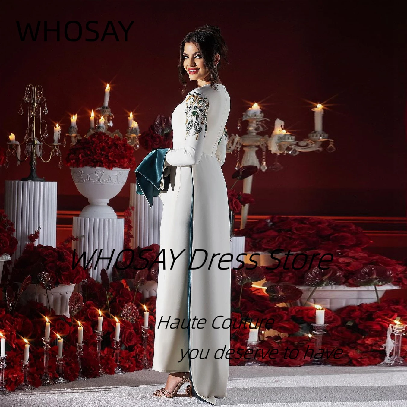 WHOSAY Dubai Party Women Wear abiti da sera alla caviglia fatti a mano con perline maniche lunghe Prom Party Dress abiti di colore a contrasto