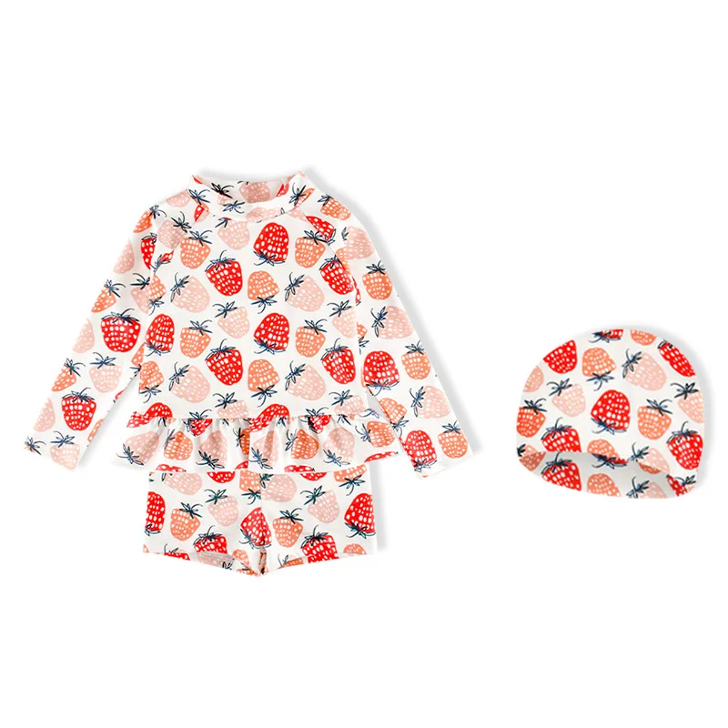New children's swimsuit long sleeve sun protection girl split swimsuit cute strawberry baby beach surfing swimsuit 2 sets