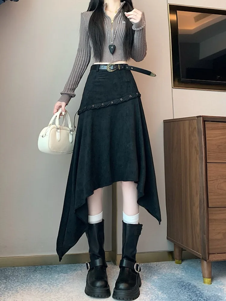 Suède f-lengte Midi Paraplu Rok Dames Herfst Winter Kaki Plooirok Woon-werkverkeer Sle Hoge Taille A-lijn Lange Dr