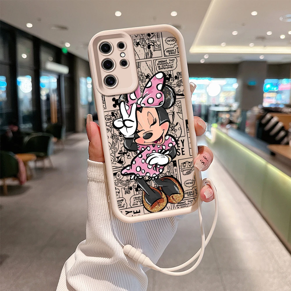 Cute Couple Mickey Minnie Phone Case for Samsung S24 S23 S22 S21 Note 20 Plus Ultra 5G Soft Silicone TPU Cover With Hand Strap