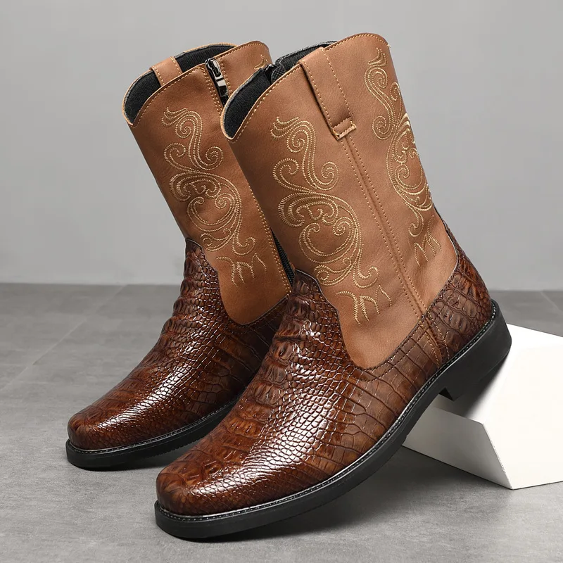 Fashion Men's Wide Width Tall Cowboy Boots Fall New Leather High Shaft Western Embroidered Workwear Vintage Riding Boots for Men