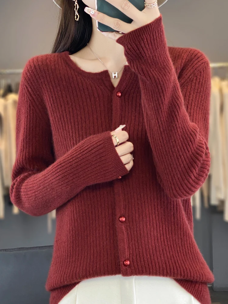 

Casual Loose 100% Merino Wool Knitted Sweater Women's Cardigan Simple V-Neck Autumn Winter Warm Soft Solid Grace Clothing Tops